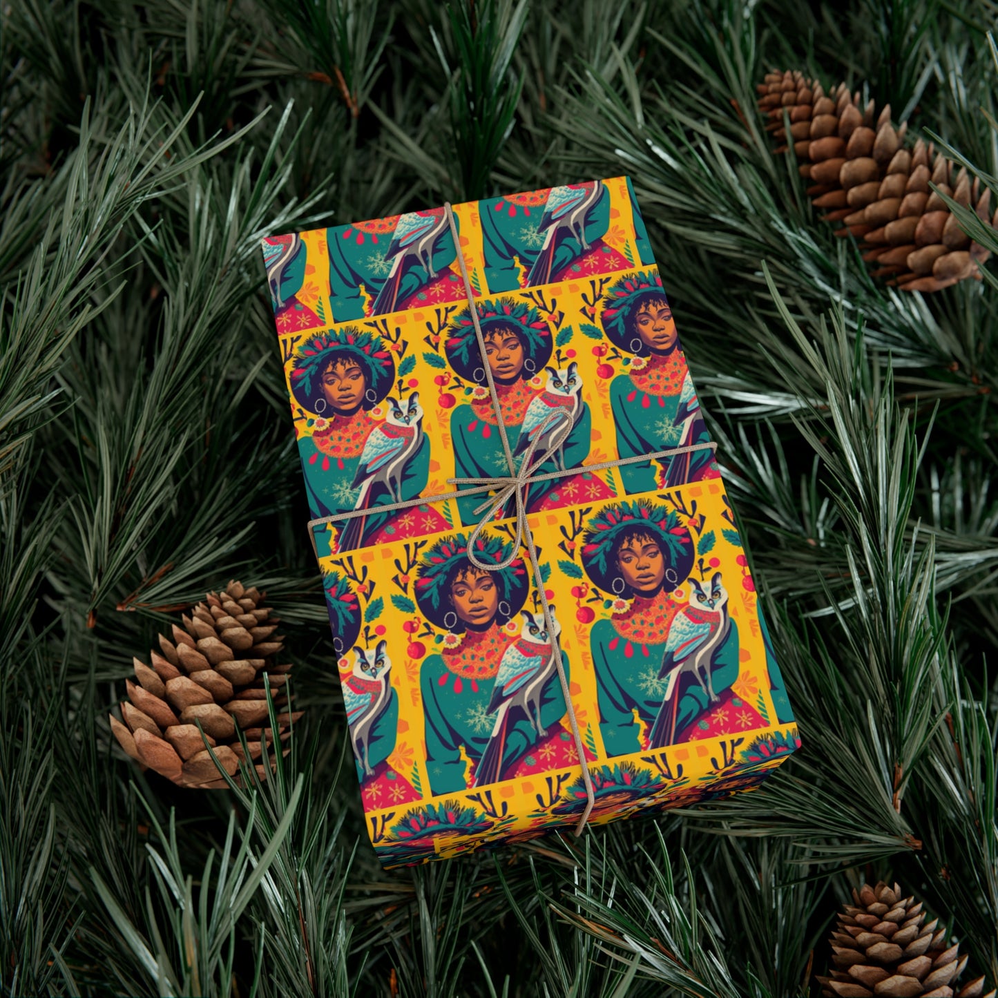 Christmas Afro with Owl - Gift Wrapping Paper