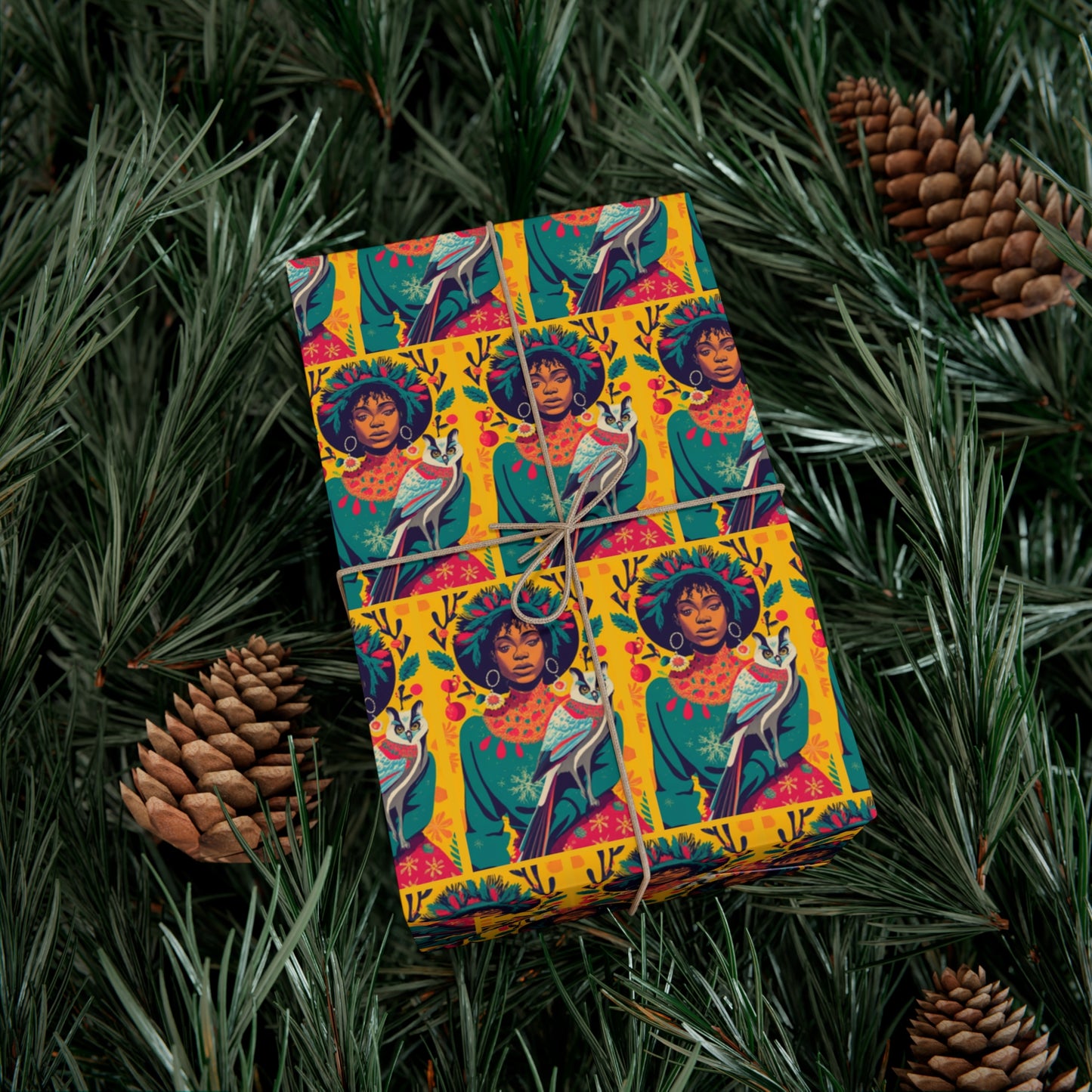 Christmas Afro with Owl - Gift Wrapping Paper