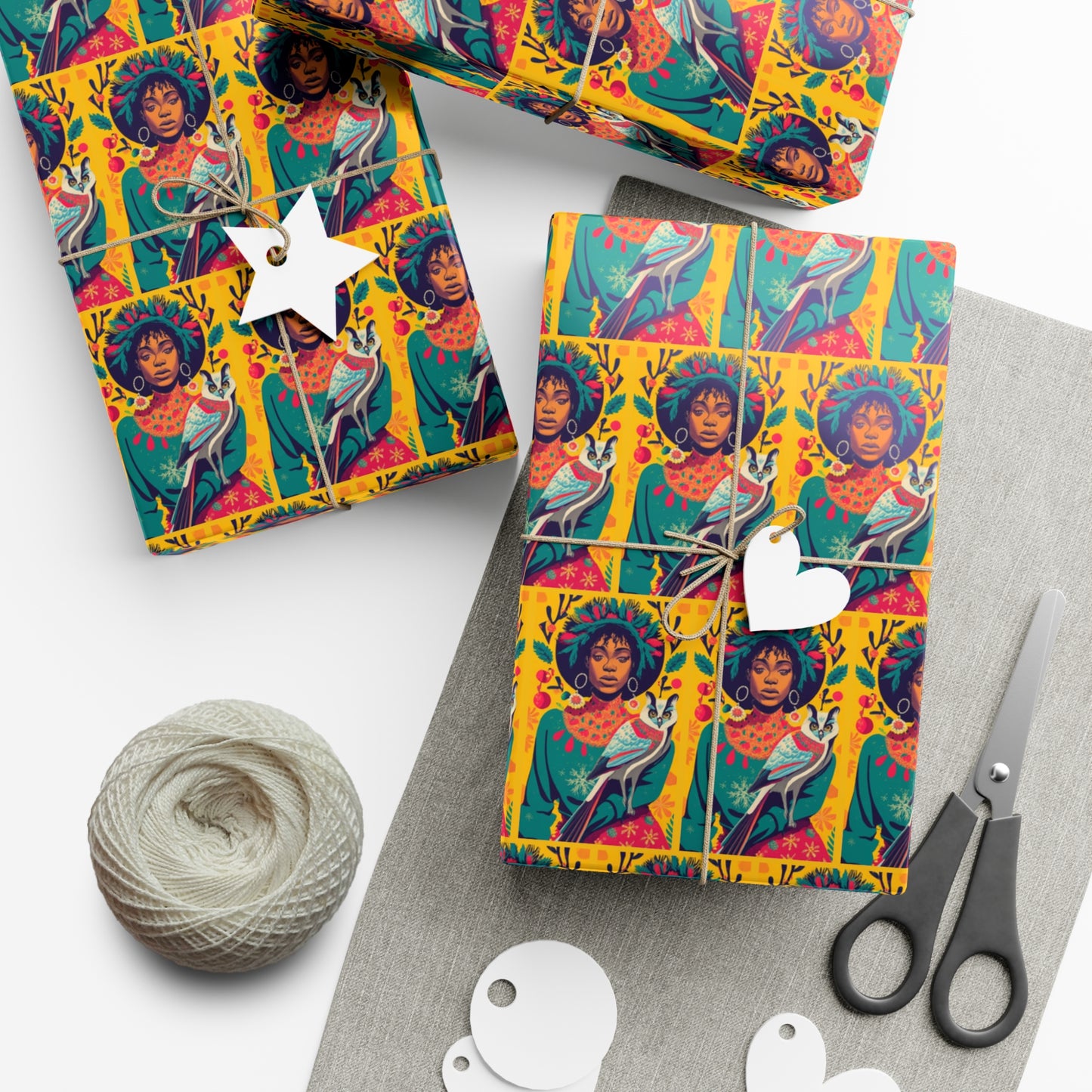 Christmas Afro with Owl - Gift Wrapping Paper